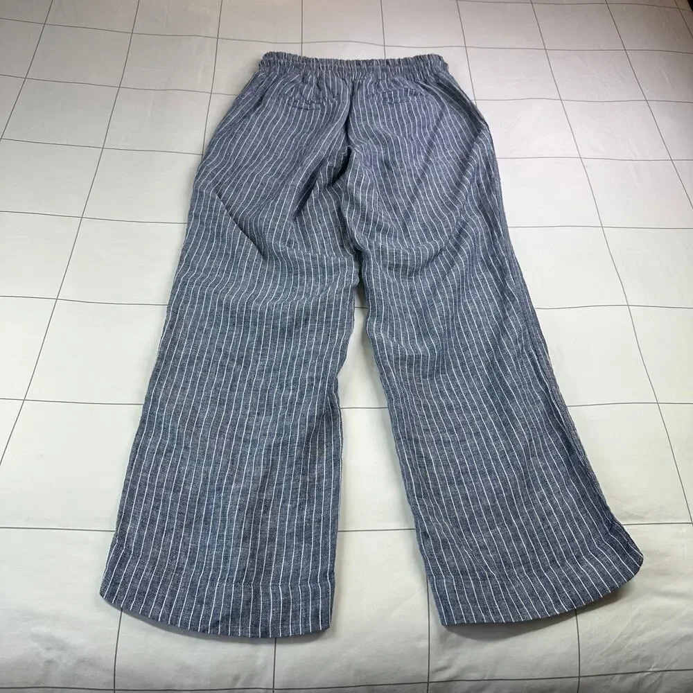 Quince Pants Womens Small Blue Chambray Stripe Wide Leg Linen Relaxed Travel